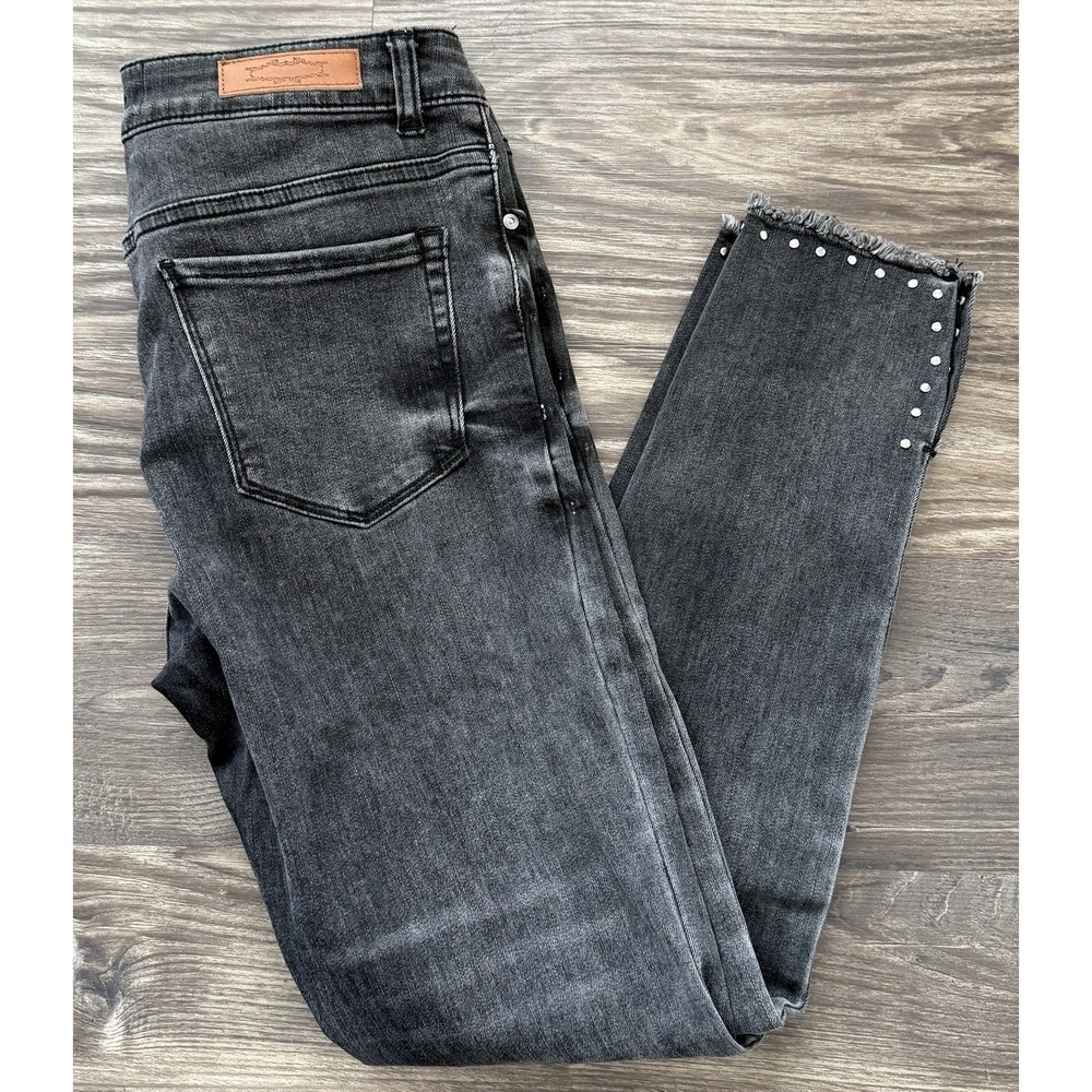Black Skinny Jeans Studded Raw Hem Moto Punk Grunge Skater Rock Chic Edgy 27 Y2K